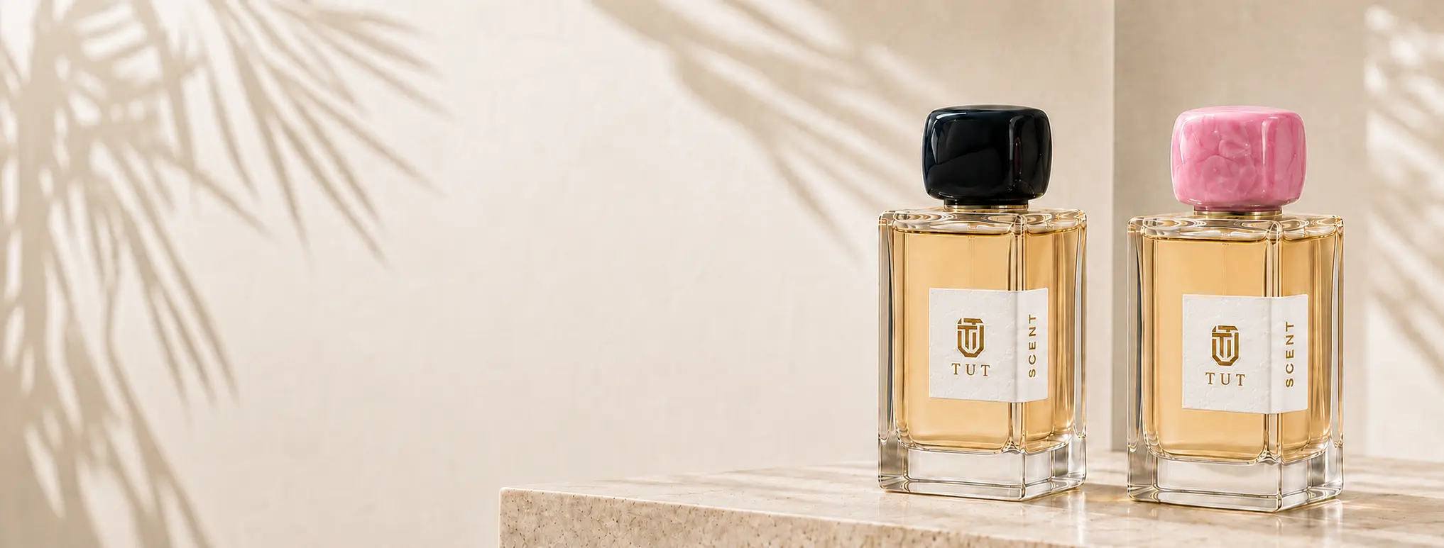 TUT Perfumes black-cap and pink-cap signature bottles
