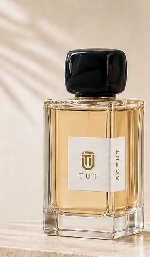 TUT men's perfume bottle with black cap