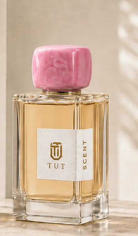 TUT women's perfume bottle with blush-pink cap